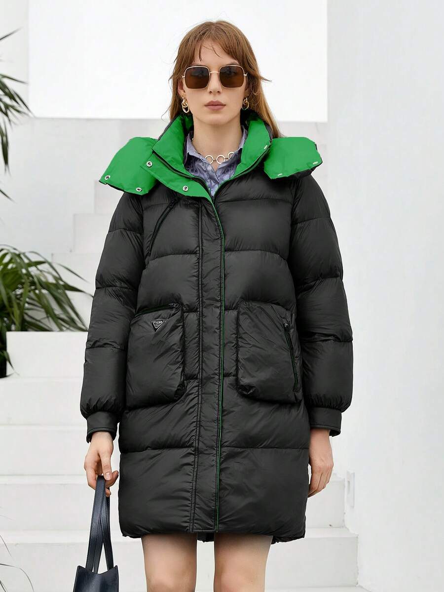 ZIAI 女士拉链口袋设计拼色保暖中长夹克 - 黑色 - 查看 1