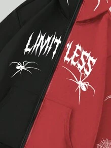 ROMWE MEN Goth Men Letter & Spider Printed Zip Up Hoodie, Halloween - Multicolor - View 5