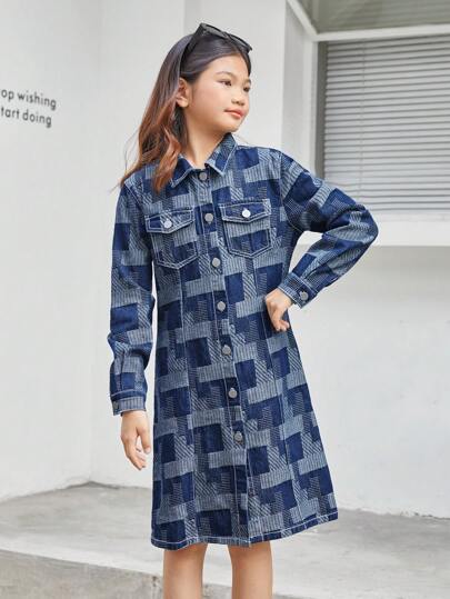 SHEIN 補間女童有蓋口袋拼色牛仔連身裙