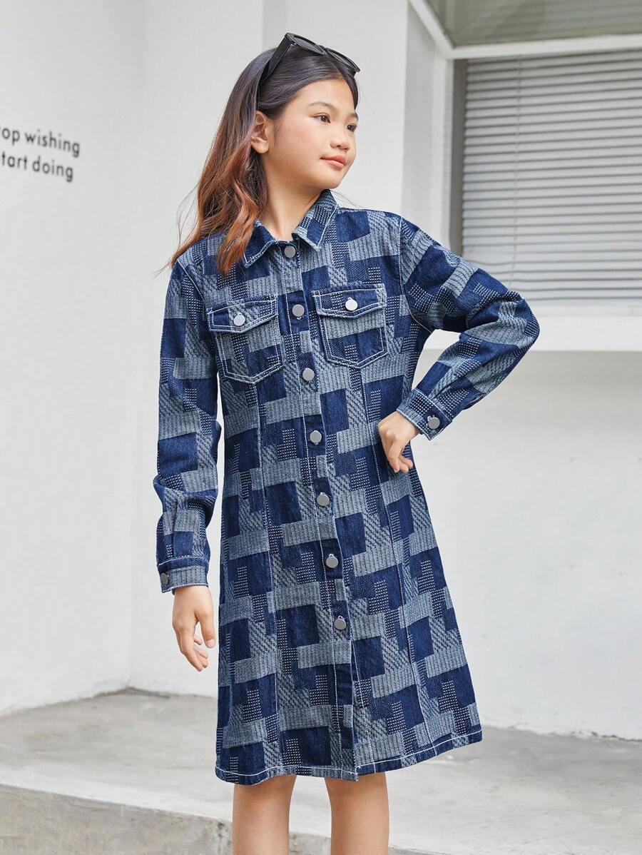 SHEIN Tween Girls Color Block Denim Dress With Flap Pockets - Blue - View 1