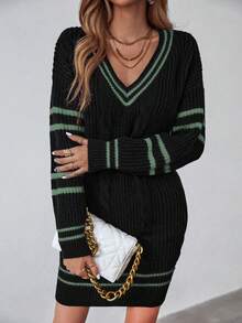 SHEIN Essnce Của phụ nữ Sọc Thả vai Đầm Áo len ( Thắt lưng Không bao gồm ) - Nhiều màu - Xem 3