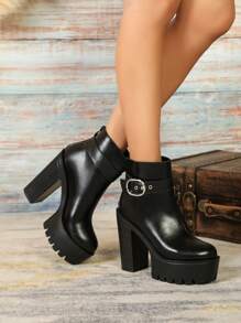 Women's Fashion Minimalist Buckle Black Short Boots With High Heels - Black - View 2