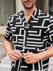GENTILAND Men's Geometric Pattern Short Sleeve Shirt - Black and White - View 4