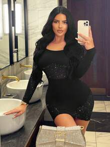 SHEIN SXY 性感 Clubwear 女式透明網眼閃光修身露背連身裙 - 黑色 - 查看 1