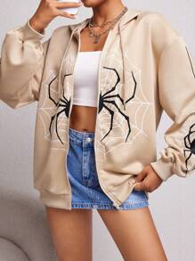 SHEIN EZwear 蜘蛛網印花掉肩束口拉鍊連帽衛衣 - 卡其色 - 查看 1