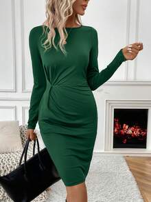 SHEIN Clasi Solid Color Twist Knot Pocket Dress - Green - View 6