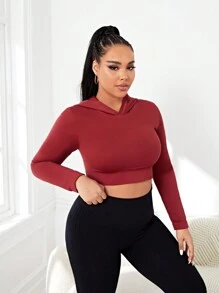 SHEIN Sports Plus Size Seamless Hooded Sports Sweatshirt - Burgundy - View 3