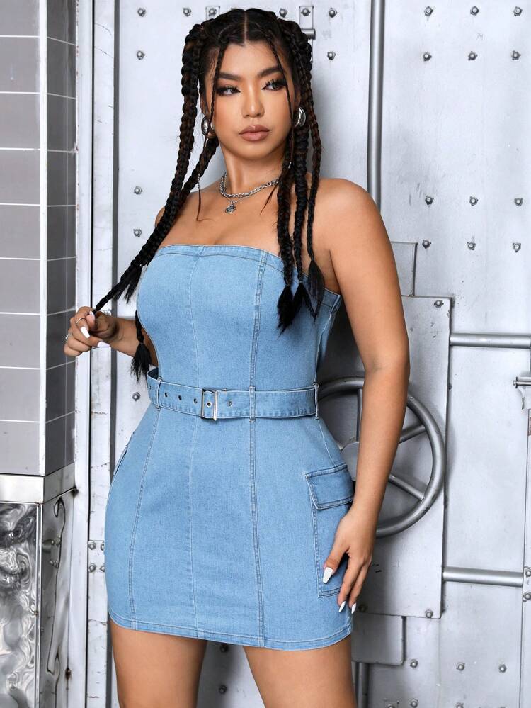 Plus Size Denim Strapless Dress, Sexy And Fashionable