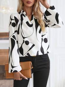 SHEIN Privé Women's Geometric Printed Notch Collar Lantern Sleeve Blouse - Multicolor - View 3