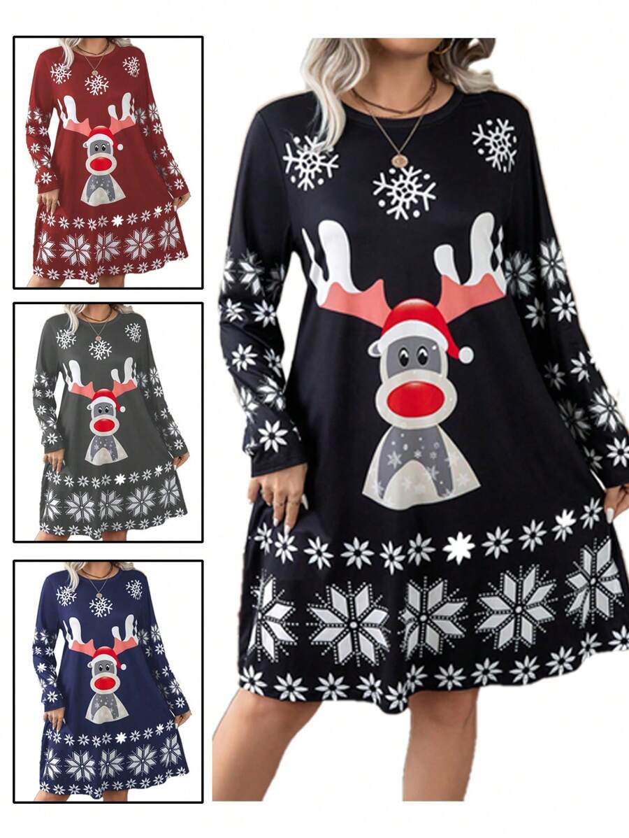 Calvaya Halloween Plus Size Snowflake & Reindeer Pattern Printed Dress, Great For Christmas - Black - View 1