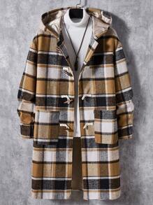 Manfinity VCAY 宽松男士格子印花连帽粗呢大衣，适合秋冬 - 卡其色 - 查看 1