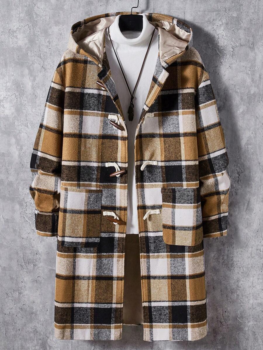 Manfinity VCAY 宽松男士格子印花连帽粗呢大衣，适合秋冬 - 卡其色 - 查看 1