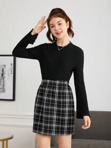 少女荷葉袖t恤和格紋裙子的兩件套裝 - 黑色 - 查看 5