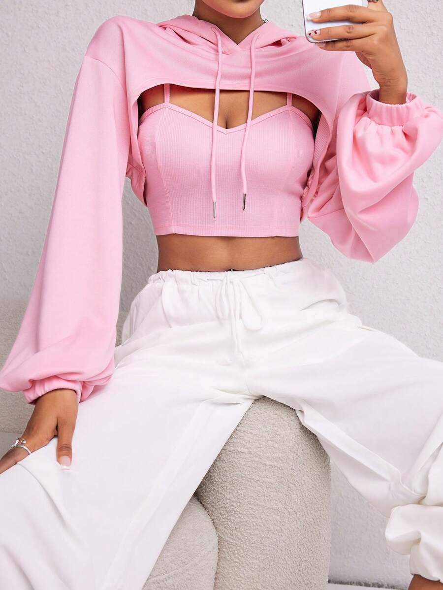 SHEIN EZwear Áo hoodie và áo hai dây rút Super Crop trơn cho mùa thu/đông - Hồng - Xem 1