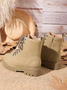 Khaki Motorcycle Boots With Buckled Straps, Fashionable Pu Leather Boots For Autumn And Winter Students' Wear