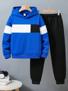 SHEIN 2入組男孩長袖連帽衛衣和長款長褲,運動和閒暇