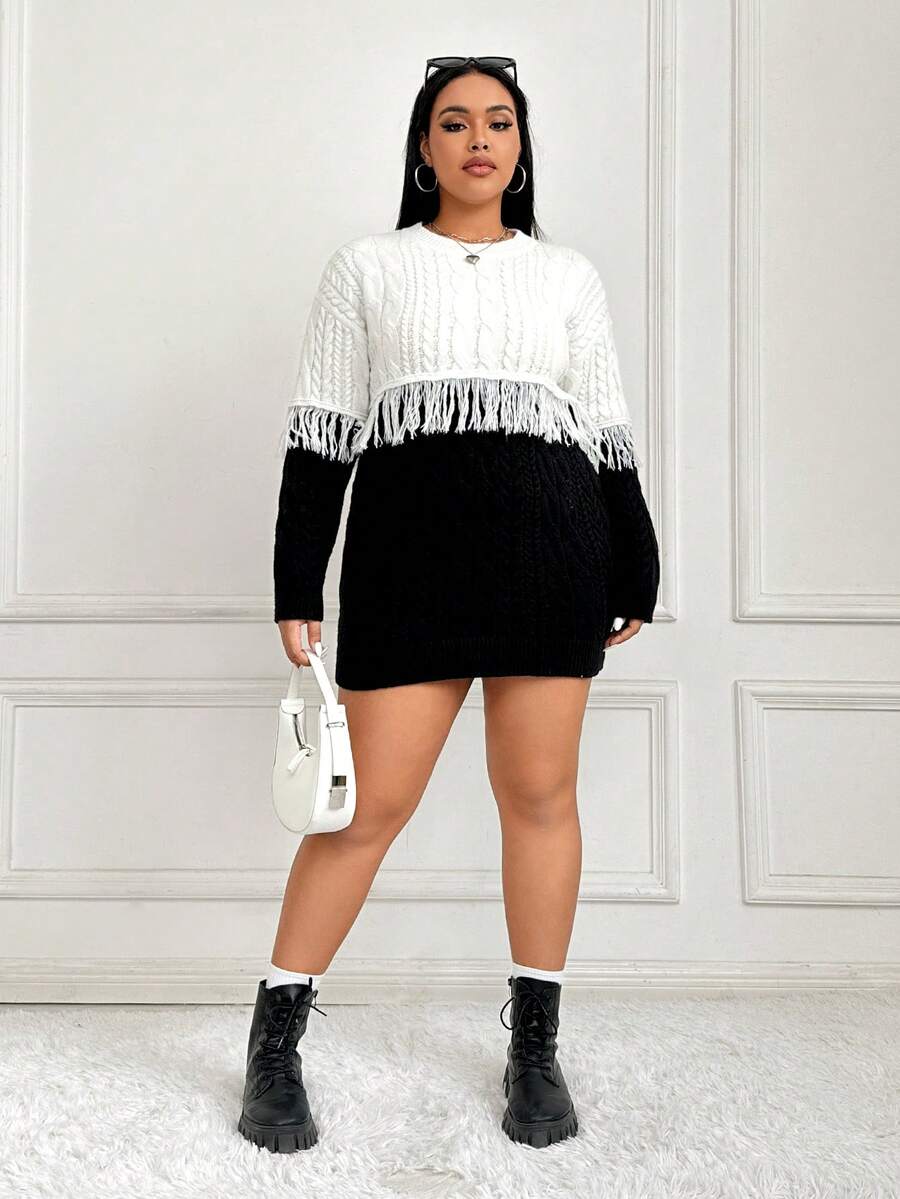 SHEIN EZwear Plus Size Patchwork Tassel Sweater - Black and White - View 1