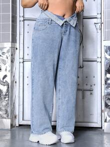 SHEIN ICON Plus Size Dual Waistband Design Denim Jeans - Blue - View 3