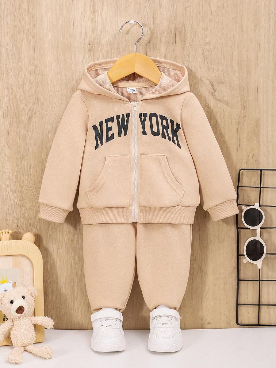 SHEIN 男嬰字母圖案拉鏈連帽衫和運動褲 - 卡其色 - 查看 1