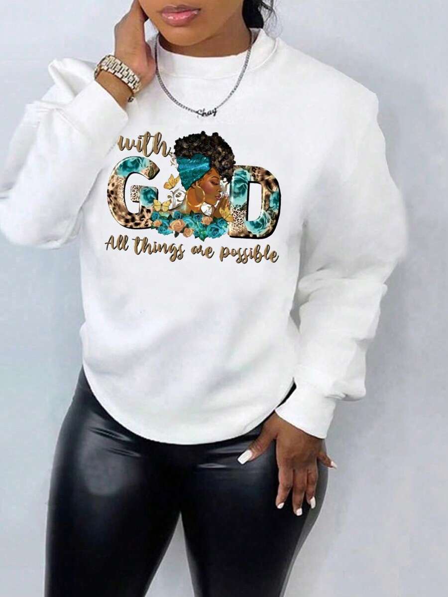 INAWLY Character & Slogan Printed Fleece Pullover Sweatshirt - White - View 1