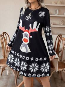 Calvaya Halloween Plus Size Snowflake & Reindeer Pattern Printed Dress, Great For Christmas - Black - View 5