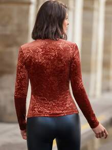 SHEIN Clasi 女士修身提花高領t恤 - 鏽棕色 - 查看 2