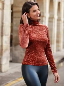 SHEIN Clasi 女士修身提花高領t恤 - 鏽棕色 - 查看 6