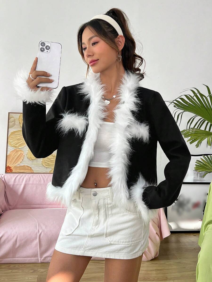 SHEIN EZwear 女士破邊色塊羊毛外套 - 黑色 - 查看 1