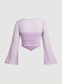 SHEIN MOD Hơn Cổ vuông Tay áo kèn  Xù Viền khăn tay Áo - Màu tím hoa cà - Xem 2