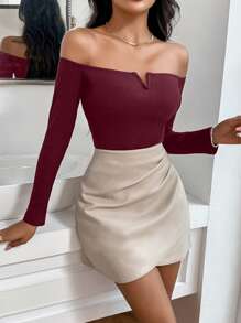 Firerie 女士肋紋針織純色束身t恤,帶有單肩領口 - 酒紅色 - 查看 5