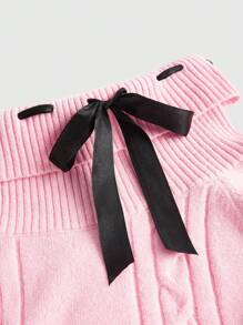 ROMWE Kawaii 折邊一字肩前繫帶拼接邊毛衣洋裝 - 粉色 - 查看 4