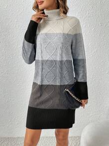 SHEIN LUNE Color Block Turtleneck Sweater Dress - Grey - View 1