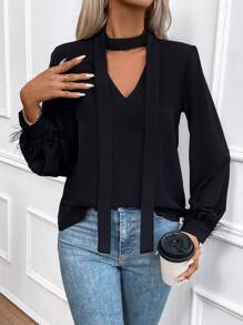 SHEIN Privé Camisa De Mujer Con Escote En Forma De Ojo De Cerradura - Negro - Ver 1