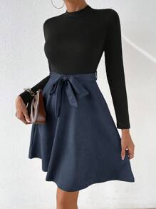 SHEIN Essnce Color Block Stand Collar Long Sleeve Dress - Navy Blue - View 1