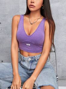 SHEIN PETITE Letter Detail Cropped Sleeveless Tank Top - Purple - View 3