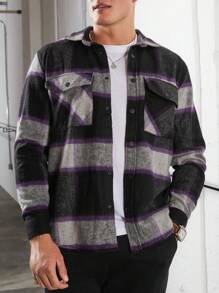 RueChic Men Plaid Print Flap Pocket Shacket - Black - View 1
