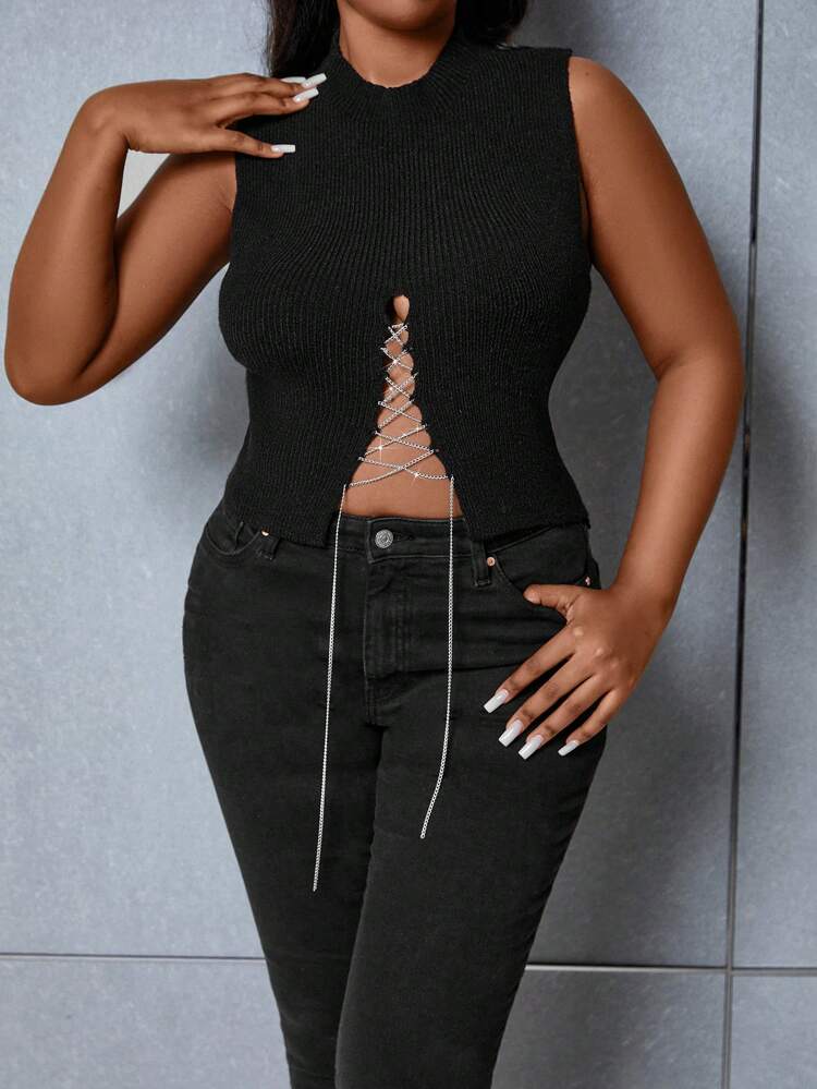 Plus Chain Lace Up Front Knit Top