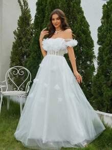 Off Shoulder Đèn treo tường Lưới Váy dự tiệc - trắng - Xem 4