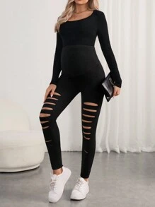 SHEIN Maternidad Leggings desgarro de talle alto - Negro - Ver 1