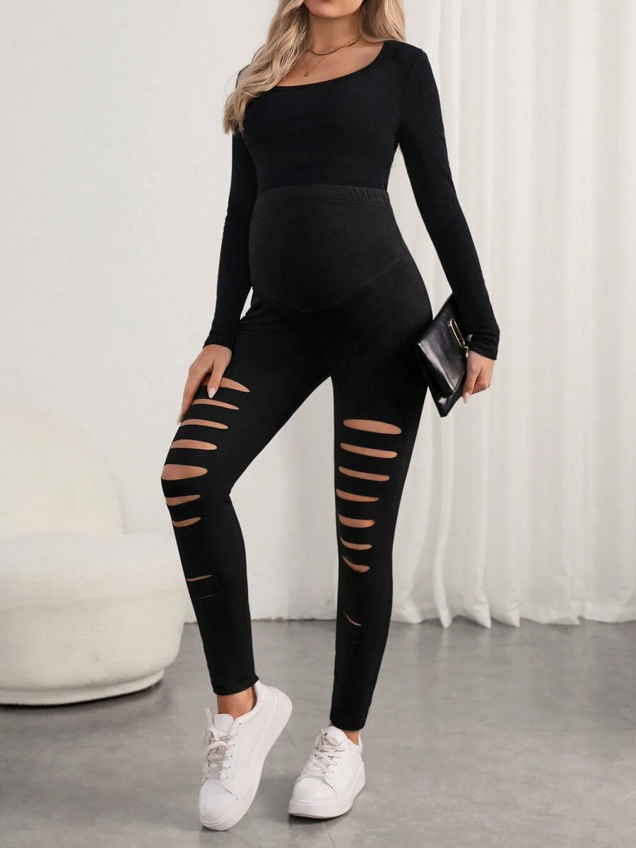 SHEIN Maternidad Leggings desgarro de talle alto - Negro - Ver 1