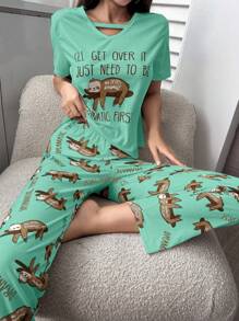 Cartoon And Letter Patterned Pajama Set