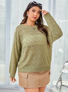 SHEIN EZwear 大尺寸純色落肩毛衣 - 綠色 - 查看 5