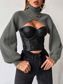 Allurite Women's High Neck Solid Color Cropped Sweater