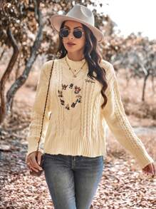 SHEIN LUNE Floral Embroidery Cable Knit Drop Shoulder Sweater - Beige - View 3