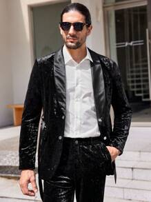 GENTILAND Nam Khăn quàng Nhung Blazer & quần Không có thắt lưng - màu đen - Xem 4