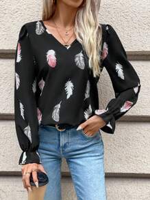 SHEIN Frenchy Women's Feather Print Splice Lace Shirt Winter Casual - Multicolor - View 4
