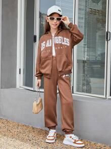 SHEIN Tween Girls' Knit Loose Fit Cardigan With Letter Pattern And Wide Leg Knit Pants Set - Brown - View 1