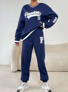 SHEIN Unity 女士休閒色彩對比字母印花連帽衫和長褲套裝，適用於秋冬季 - 藏蓝色 - 查看 1