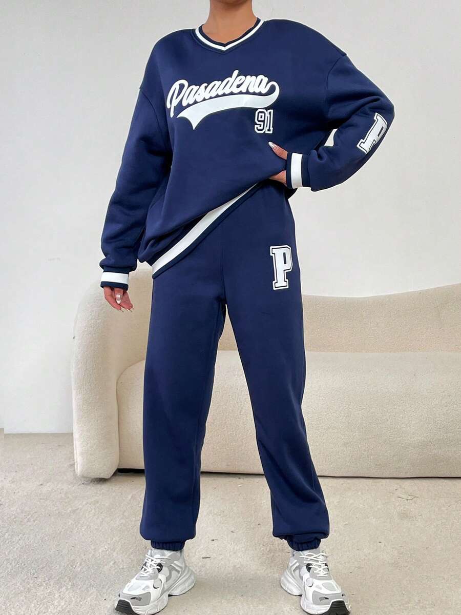 SHEIN Unity 女士休閒色彩對比字母印花連帽衫和長褲套裝，適用於秋冬季 - 藏蓝色 - 查看 1