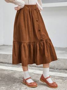 SHEIN Tween Girl Loose Fit Split Design A-Line Skirt For Casual Wear - Brown - View 4